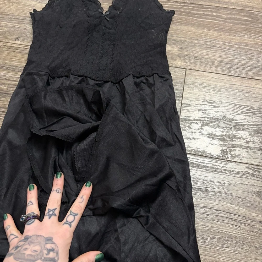 90s European Vintage Charmant Silky Corset Lace Bodice Slip Dress Black S/M